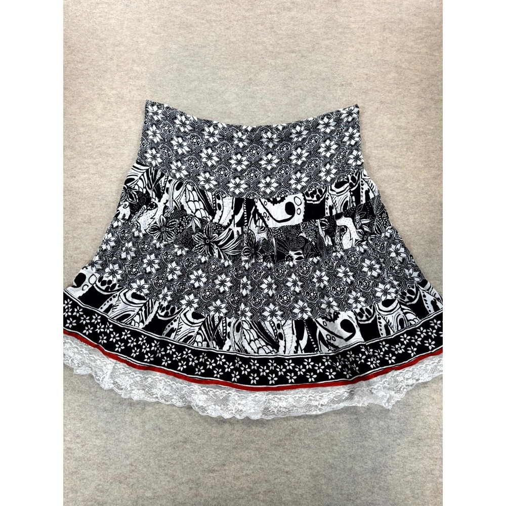 Choices Tiered Mini Skirt Womens XL Black White Floral Cotton Lace Trim Hem
